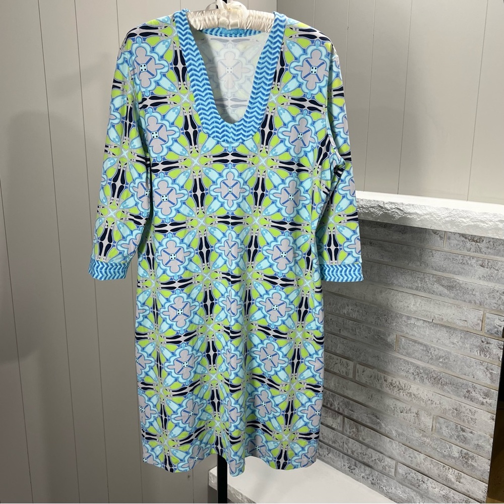 J. McLaughlin Gisel Catalina Cloth Bold Kaleidoscopic Pattern Blue Lime Dress XL